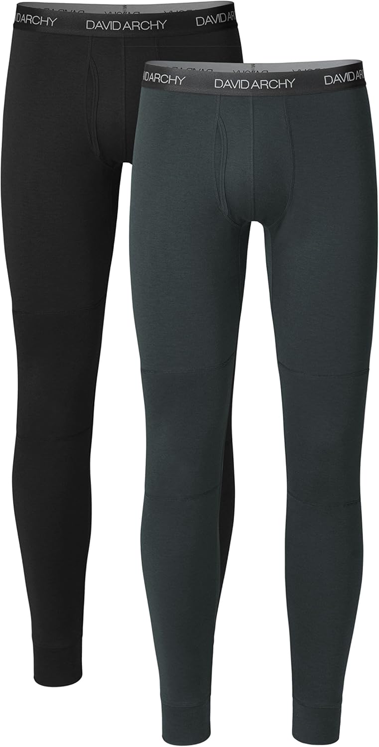 DAVID ARCHY Men's 2 Pack Ultra Soft Winter Warm Base Layer Pants Fleece Lined Thermal Bottoms Long Johns with Fly at  Men’s Clothing store
