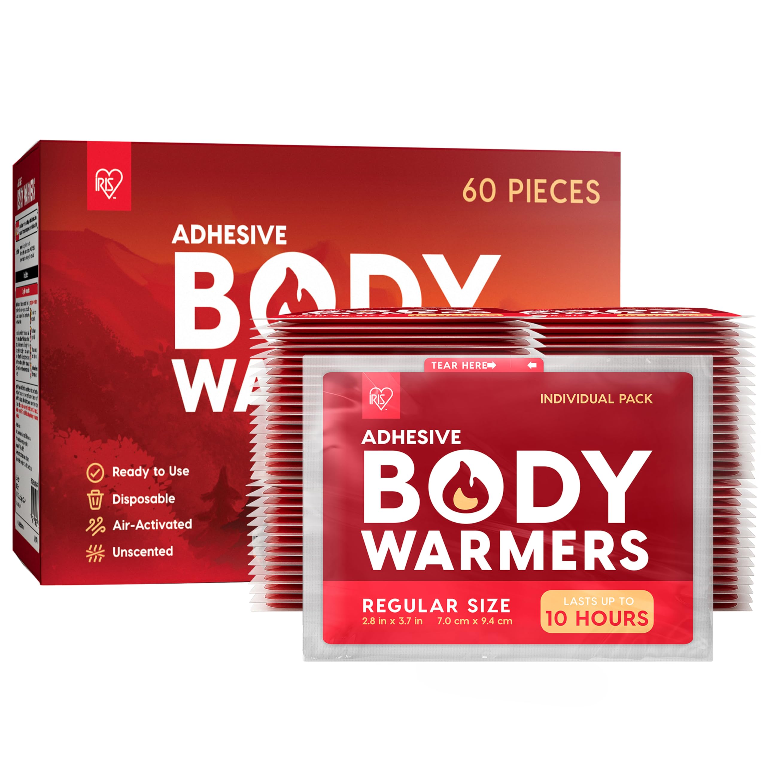 Photo 1 of IRIS USA Hand Warmers, Regular - 60 Individual Warmers, Adhesive Body Warmers Up to 10 Hours Disposable Handwarmers Bulk for Hot Hands Feet Chest Back Legs, TSA-Approved, Skiing Camping Outdoor