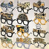 Mega-L 12 Pcs Happy New Year Eyeglasses, 2026 New Year Glasses, New Year Party Supplies Favors, Black Gold Silver Glitter New Year Photo Booth Props for Eve Party Celebration Decorations 2026