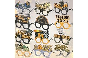 MEGA-LOOPOLIS Mega-L 12 Pcs Happy New Year Eyeglasses, 2026 New Year Glasses, New Year Party Supplies Favors, Black Gold Silver Glitter New Year Photo Booth Props for Eve Party Celebration Decorations 2026