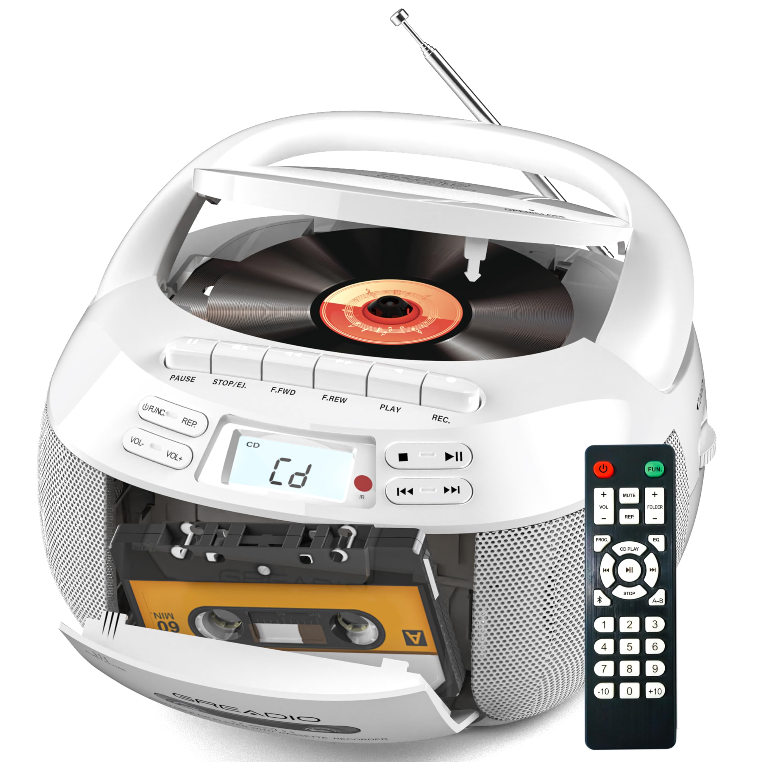 Greadio Portable CD Player with Speakers, Boombox Cassette Player with Bluetooth, FM Radio, USB/AUX Playback, LCD Display, Remote Control, Tape Recording, Battery or Mains Powered, Headphone Jack
