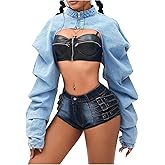 Floerns Women's Y2k Denim Jacket Ruched Long Sleeve Zip Up Mock Neck Hip Hop Rave Outfit Coat