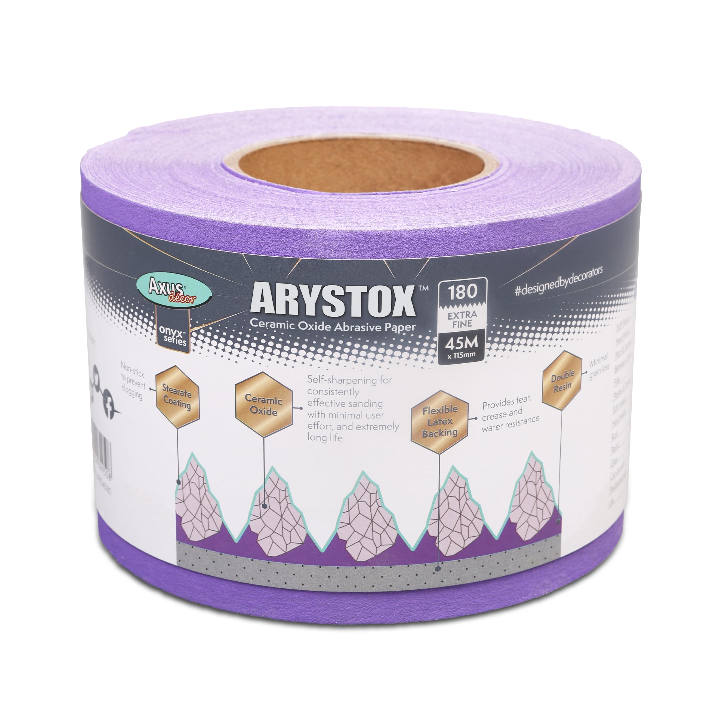 Axus Decor Arystox Ceramic Oxide Abrasive Paper (Onyx Series) Sandpaper Roll, Superior Finish on Wood, Metal & More, Ideal For Professional Painters & DIY enthusiasts - 45m x 115mm, 180 grit