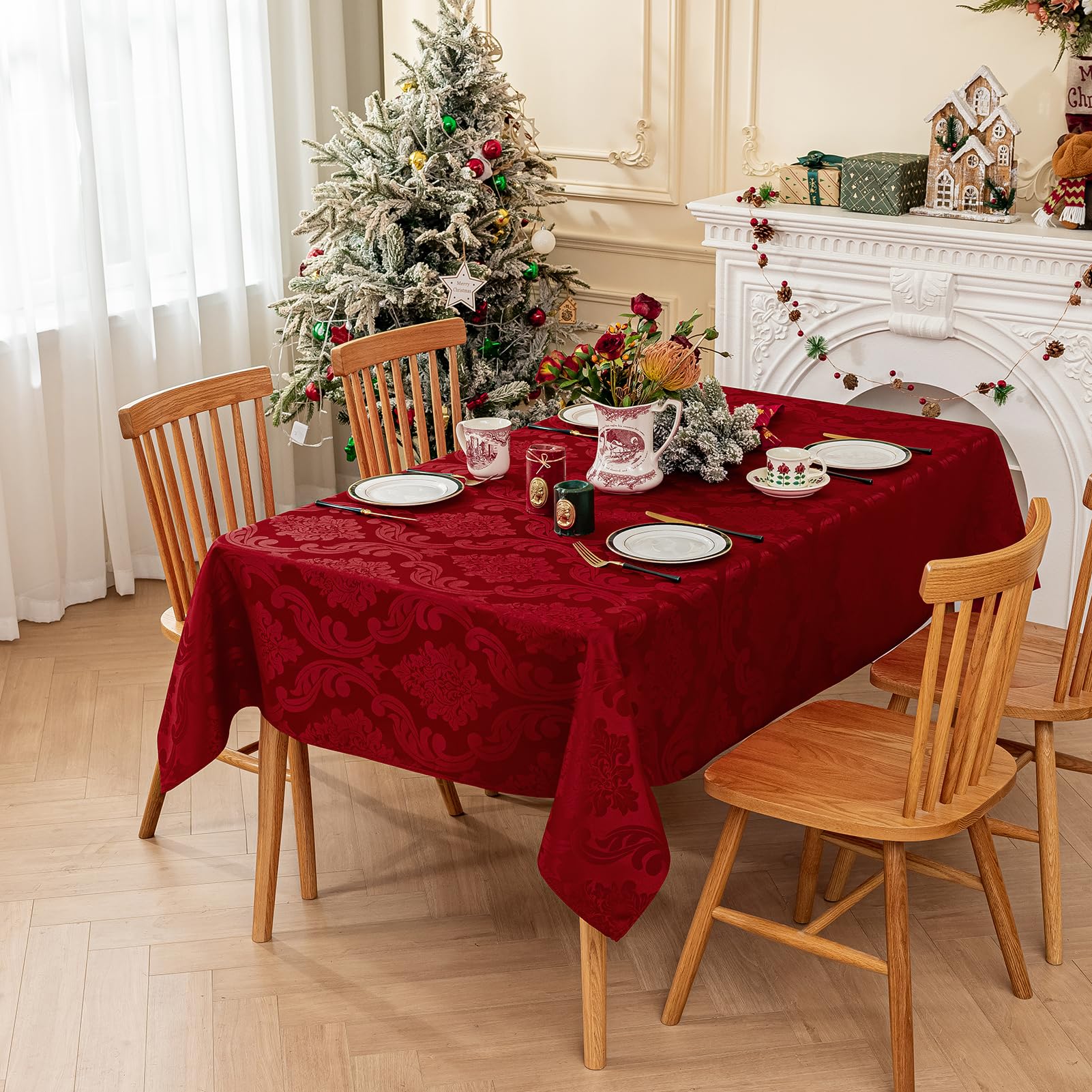 Photo 1 of Romanstile Christmas Jacquard Rectangle Tablecloth with Red Flower - Waterproof Damask Vintage Floral Table Cloth, Xmas Decorative Table Cover for Dinner/Parties/Holiday - 60 x 84 Inch
