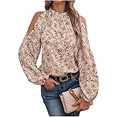 SOLY HUX Women's Floral Blouse Mock Neck Cold Shoulder Lantern Long Sleeve Boho Vacation Casual Tops
