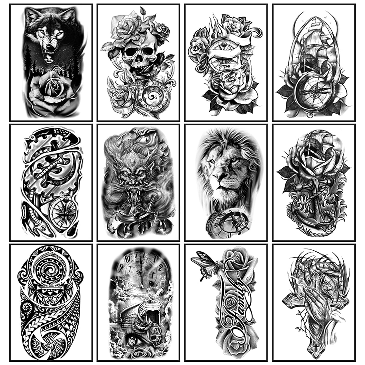 Yazhiji 36 Sheets Temporary Tattoos Stickers, 12 Sheets Halloween Tattoo Scary Lion Wolf Skull Fake Body Arm Chest Shoulder Tattoos for Men or Women with 24 Sheets Tiny Black Tattoos (9.45