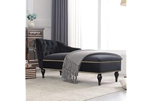 Anwick Modern Chaise Lounge Indoor Chair Tufted Fabric, Elegant Victorian Vintage Style Long Lounger for Office or Living Room, Nailheaded, Sleeper Lounge Sofa (Black)