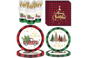 168Pcs Christmas Tableware Set Christmas Truck Dinner Plates Christmas Tree Dessert Plates Red and Black Plaid Napkins with G