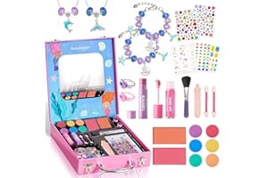 BUNNY BUBBLES Kids Makeup Sets for Girls - Washable Real Cosmetics Set with Jewelry-Making for Children, Ocean Princess Dress-Up Makeup Bracelet Kits, Ideal Winter Birthday Gift for 4-12 Year Olds (Blue)