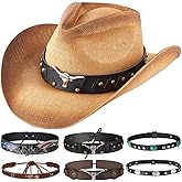 Cutecrop Straw Cowboy Hats for Women Men with 6 Replaceable Hat Bands Adjustable Western Cowgirl Hat for Party, Outdoor