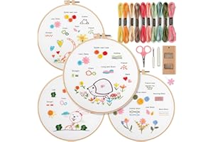 CDThinkingU 4 Sets Embroidery Starter Kits for Beginners, Embroidery Starter Kits for Adults Kids, Stitches Practice Sewing Kits with Instruction Video, Stamped Patterns, Hoop, Threads and Needles