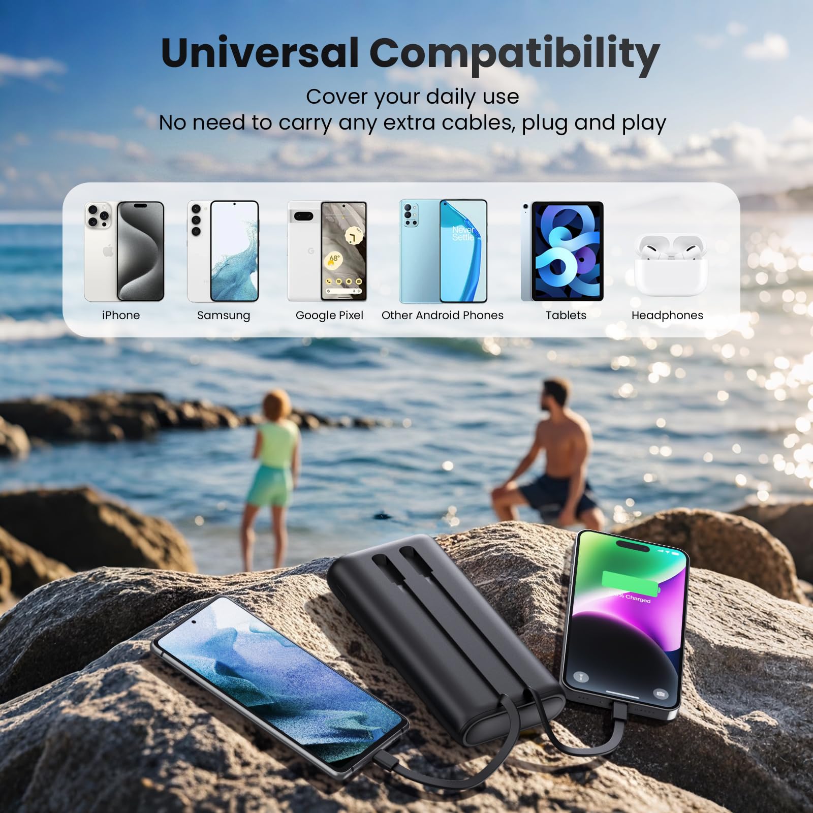 Ekrist Upgraded Portable Charger 40800mAh Power Bank - Portable Battery with 2 Built in Cables,PD 25W USB C Fast Charging Battery Pack Compatible with iPhone 16 15 14 13 Android Phone etc-Black