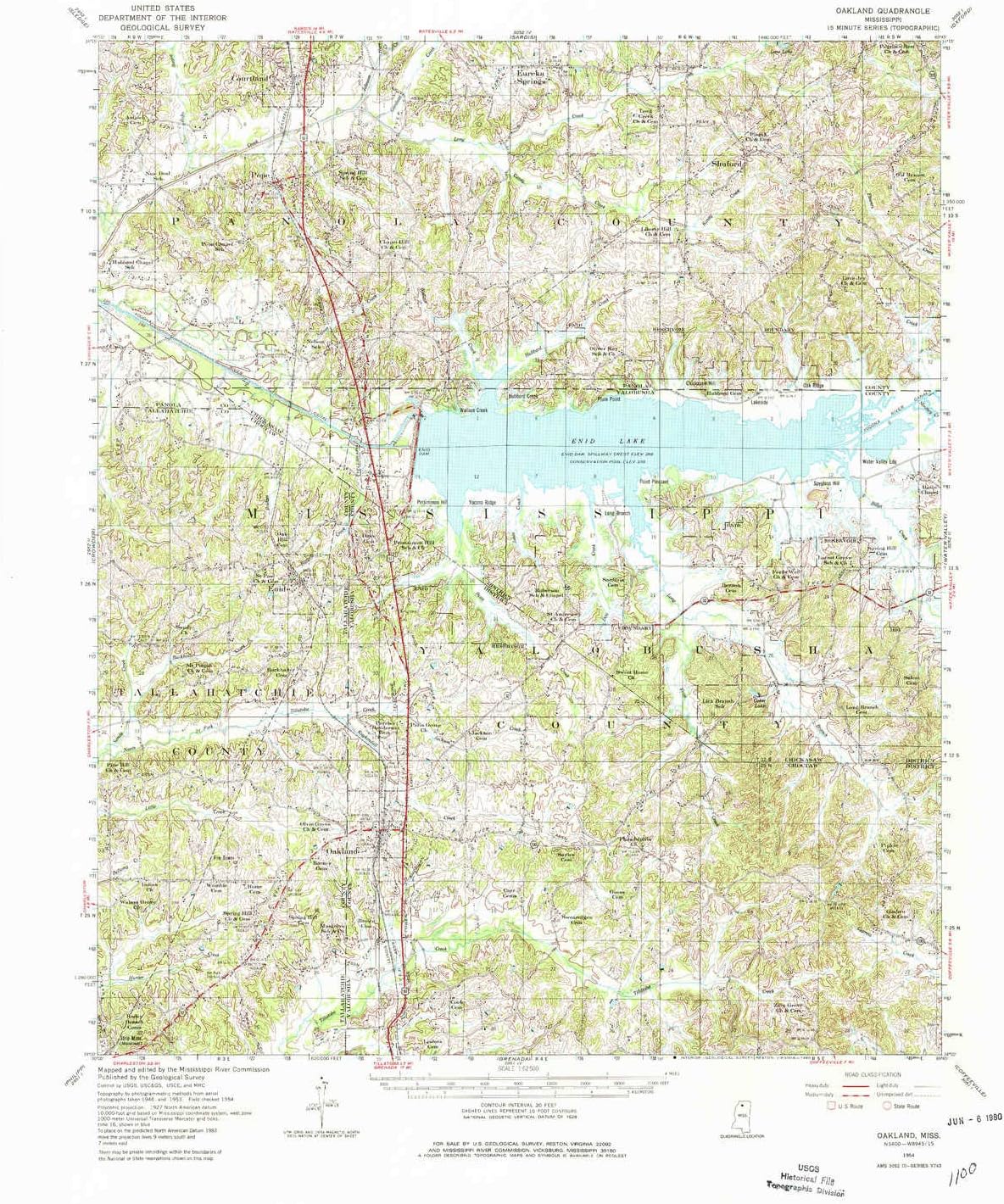 YellowMaps Oakland MS topo map, 1:62500 Scale, 15 X 15 Minute, Historical, 1954, Updated 1980, 21.9 x 18.1 in
