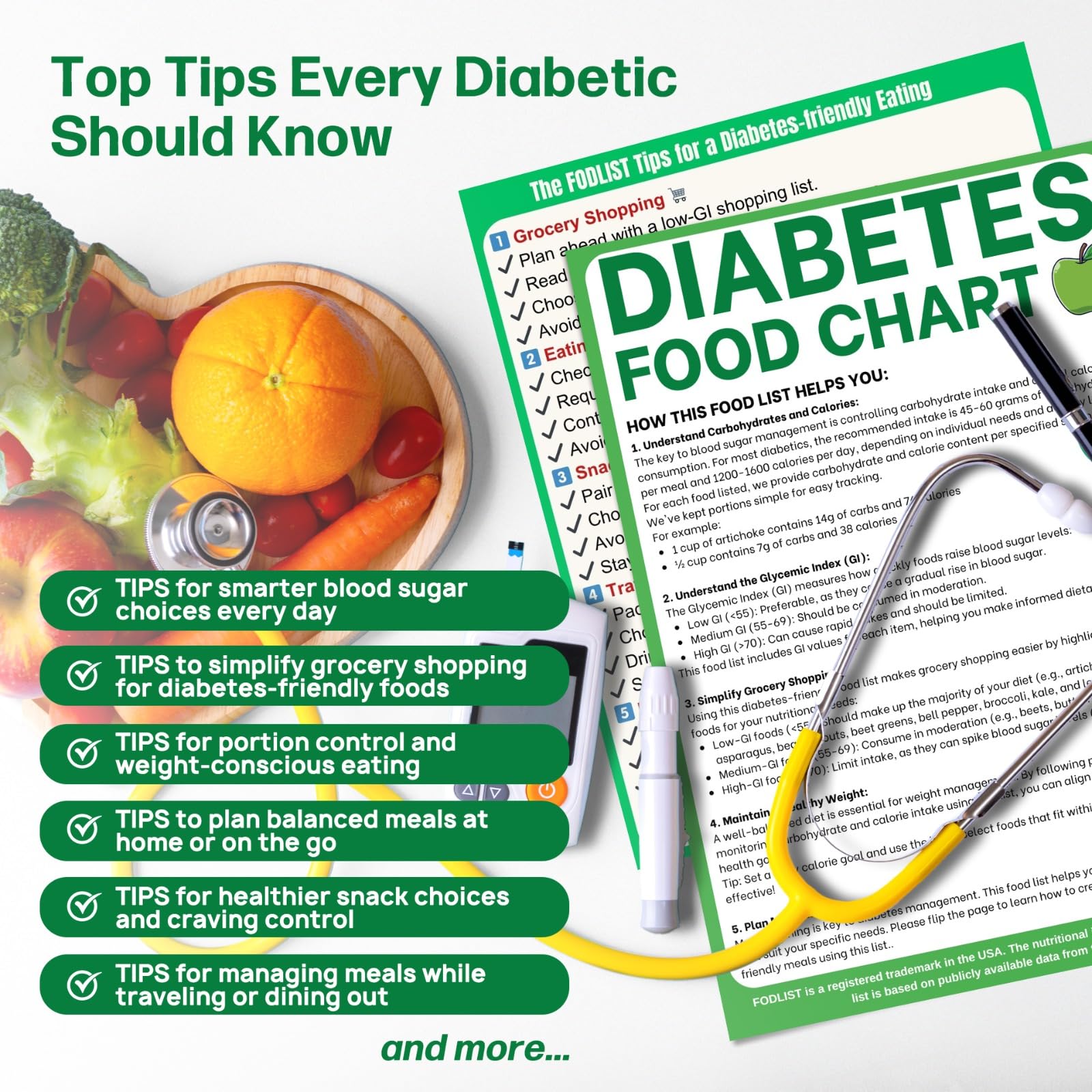 Fodlist Diabetes Food List Chart. And Diabetic Meal Planner Laminated for Grocery, type 1, 2, & prediabetic. Glycemic Index list included for Meal Planning, & Healthy Nutrition that Supports Blood Sugar Control and Diabetes Management.