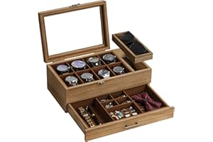 GALHUBIS Watch Box with Tray, 2-Tier Watch Case for Large Dial Watches, 8-Slot Watch Display Case with Lid, Removable Watch Pillows, Drawer, Gifts for Men Women, Watch Organizer, Jewelry Box, Walnut