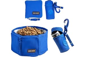 CANINE CANYON Collapsible Dog Bowl and Dog Poop Bag Holder Set, Foldable Dog Travel Bowl for Food and Water While Traveling, Camping, Hiking, Portable Dog Waste Bags Dispenser Attaches to Leash