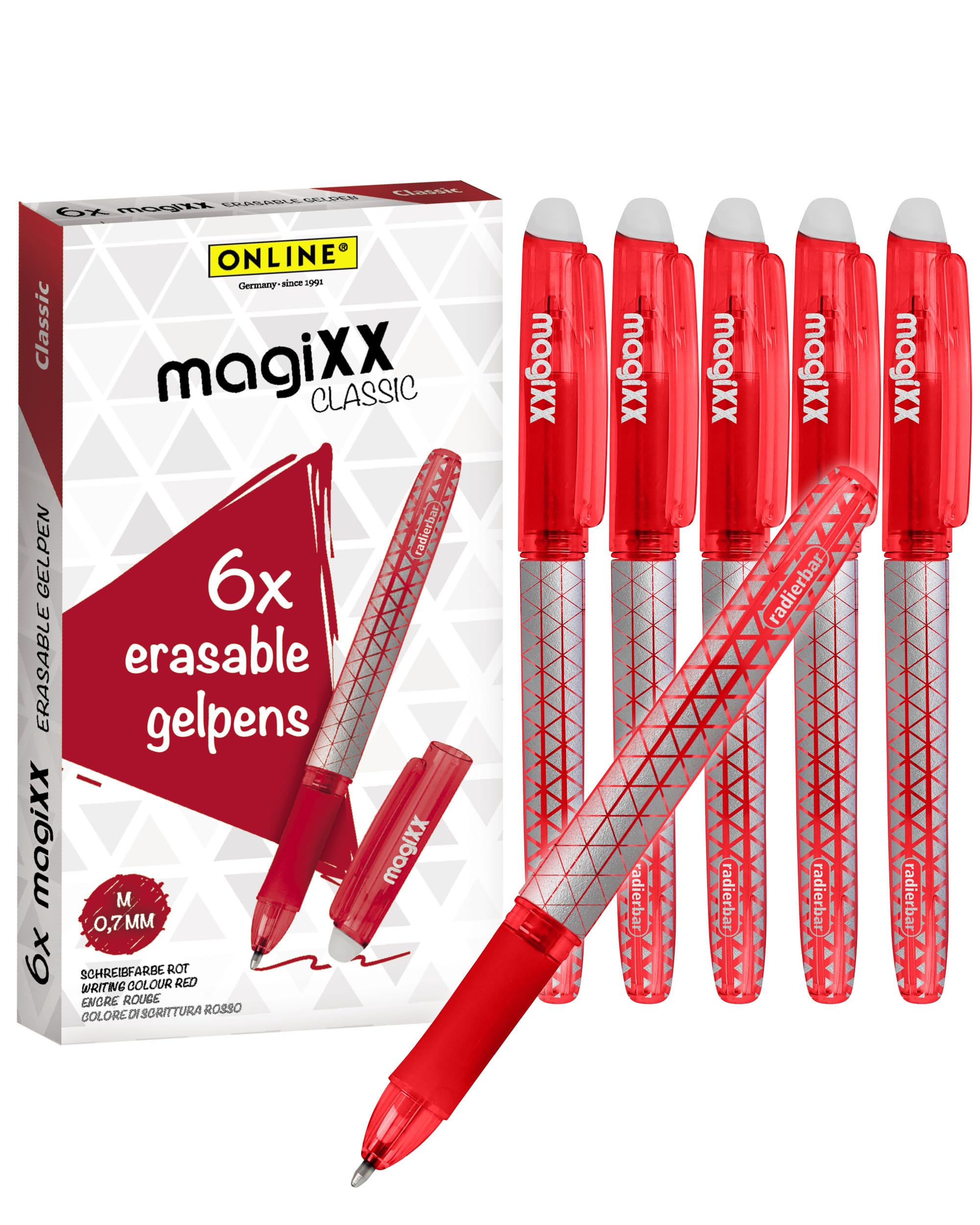 Online MagiXX Erasing Pens, 6 x Gel Pens Red with 0.7 mm Line Width, Rollerball Pen for Learning to Write & Office, Pen Set, Erasable Ballpoint Pen for Students, Students