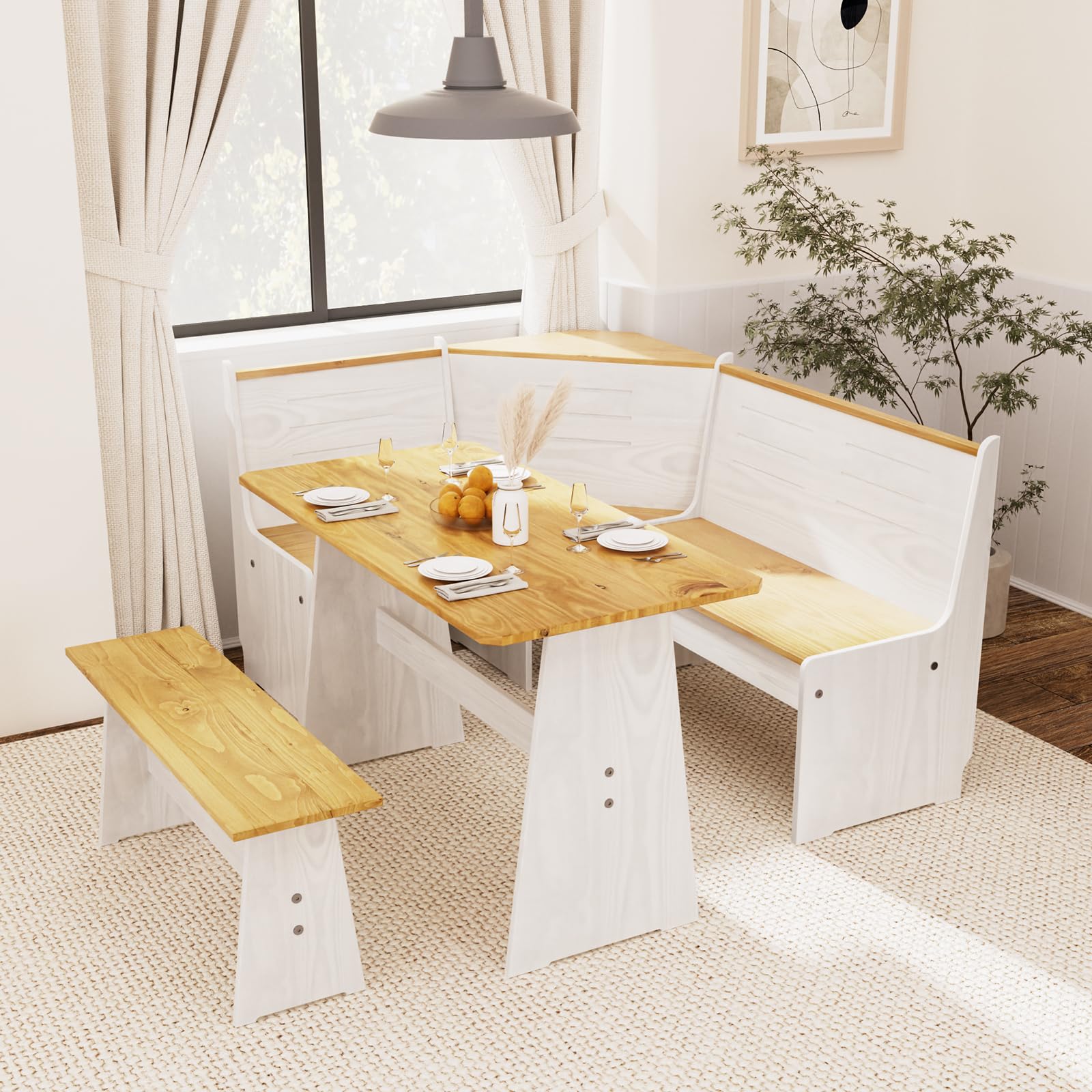 Photo 1 of Kitchen Breakfast Nook Table Set - Solid Wood Corner Bench Dining Set for 4-6 People, L Shaped Bench for Dinner Room, Space Saving Kitchen Booth Seating with Table for Small Space, Pure White