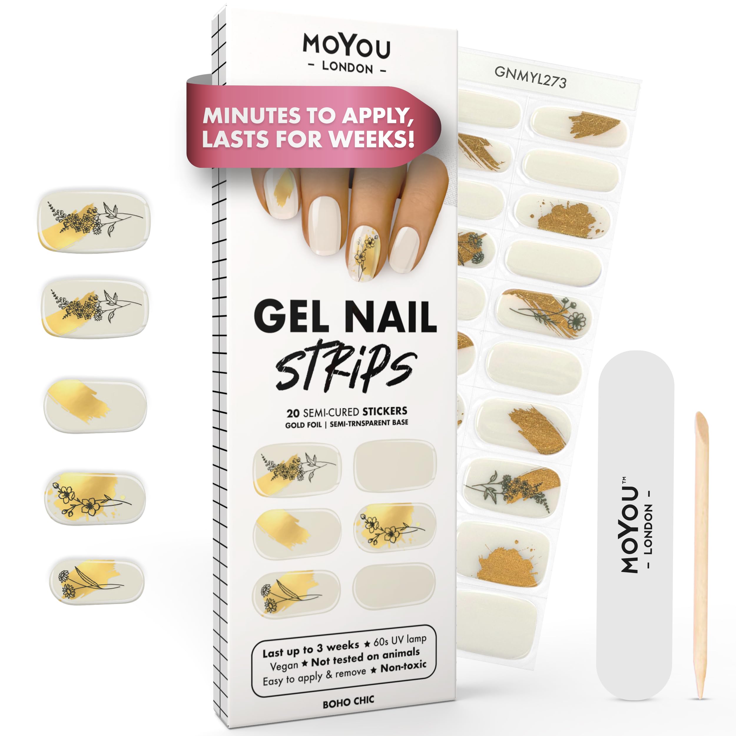 MOYOU LONDON Semi Cured Gel Nail Strips - 20 Pcs. Waterproof Gel Nail Wraps, Cures in Sunlight or UV/LED Lamp, Lasts Up to 2+ Weeks, Stretchable, Easy to Apply & Remove, Vegan & Cruelty-Free