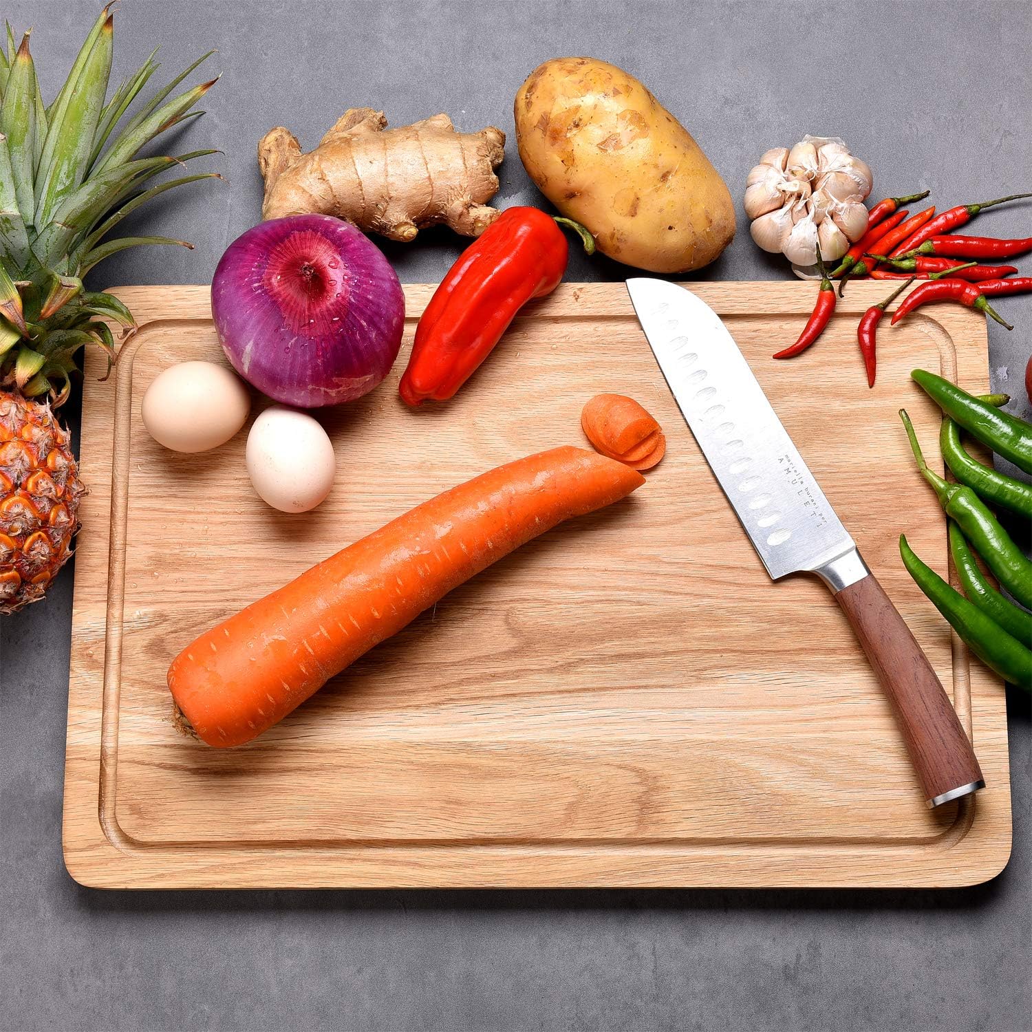 Oak Wooden Chopping Board by Harcas. Extra Large Size Cutting Boards for Kitchen 45cm x 30cm x 2cm. Best for Meat Vegetables and Cheese. Professional Grade Wood for Durability. Drip Groove - Image 4