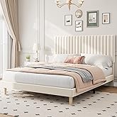 IDEALHOUSE Full Bed Frame with Adjustable Headboard, Velvet Upholstered Platform Full Size Bed Frame, Vertical Channel Tufted, Strong Wooden Slats, No Box Spring Needed, Easy Assembly, Beige