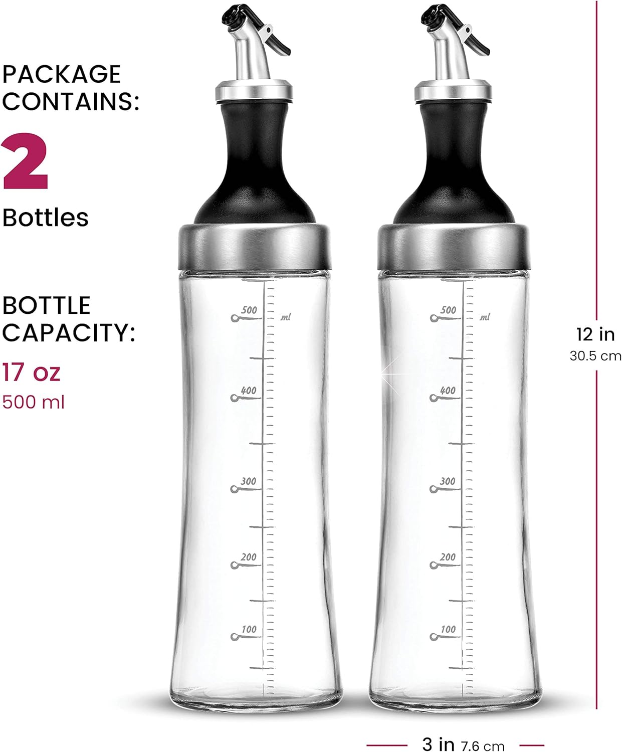 Superior Glass Oil and Vinegar Dispenser, (set of 2) Modern Olive Oil Dispenser, Wide Opening for Easy Refill and Cleaning, Clear Lead Free Glass Oil Bottle, Pouring Spouts, 18 Oz. Cruet Set: Home Improvement