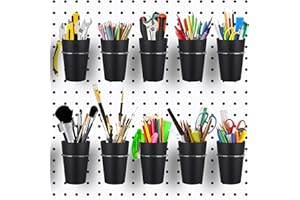 Kuhome 10 Sets Pegboard Cups with Pegboard Hooks, Pegboard Bins with Rings, Hooks for Pegboard Cup Holder for Organizing Accessories Tools Storage Office Workshop Garage Workbench Black