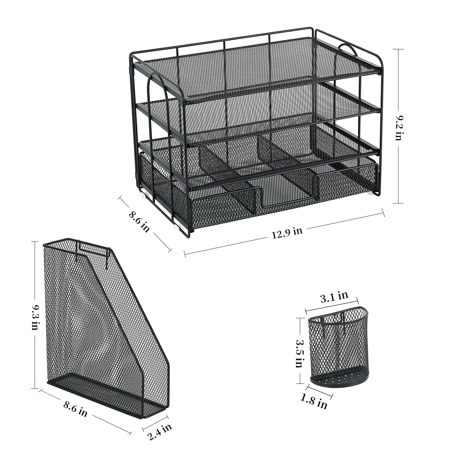 gianotter Desk Organizers and Accessories with File Holder, 4-Tier Desk Accessories & Workspace Organizers with Drawer and 2 Pen Holder, Paper Organizer for Office Supplies (Black)