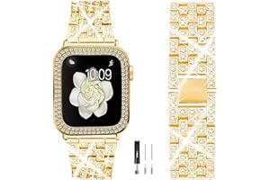 XFEN Shiny Bling Diamond Band and Case without Screen Protecter for Women Compatible with Apple Watch Series 4 5 6 7 8 9 SE - Gold Silver