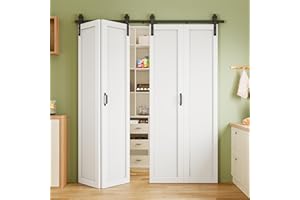 AINLARRY Water-Resistant & Scratch-Resistant Bifold Barn Door, Paintable White Primed Finish Bi Fold Barn Door with Hardware & Track Kit, Pre-Assembled Solid Core for Lower Energy Bills, 72" x 84"