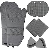 Jumeijia Oven Mitts and Hot Pads Sets, 8Pcs Extra Long Silicone Oven Gloves with Non-Slip Heat Resistant Hot Trivet Mats and Cooking Pinch Mitts Pot Holders Set for Baking Cooking, Grey
