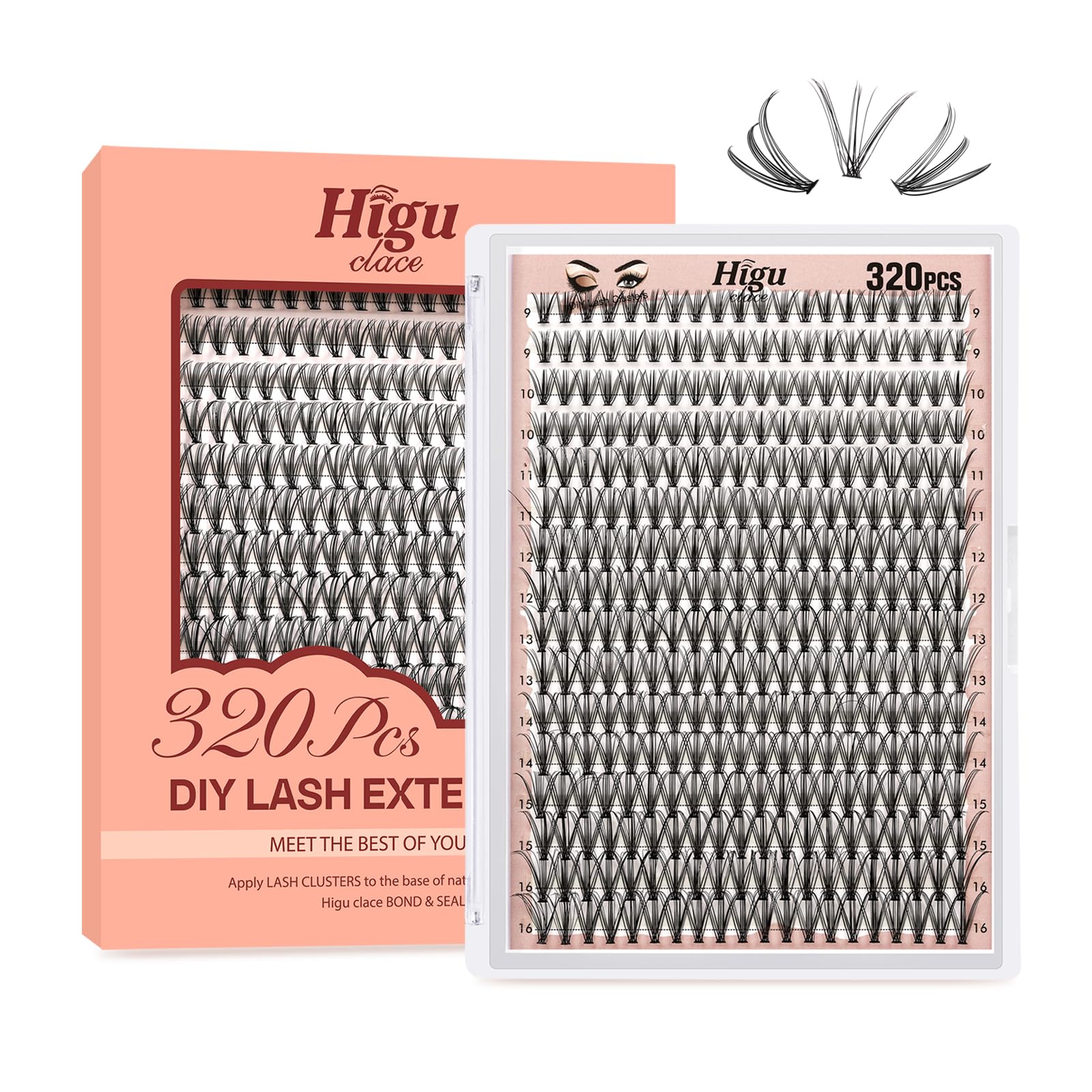 Higu clace Individual Lashes Cluster 320pcs, D curl Lash Clusters 20D DIY Individual Eyelashes 9-16mm Mixed,Wispy Lash Extension Reusable False Lashes Clusters(20D Dcurl 9-16mm) — image 1