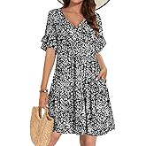 AUNEAL Summer Dresses for Women 2026 Loose V Neck Ruffle Sleeve Tiered Flowy Casual A Line Mini Beach Dress with Pockets