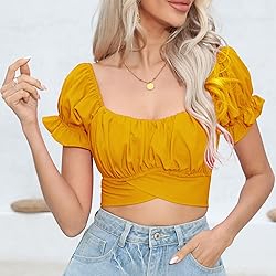 COOUFE Women's Crop Tops Ruffle Short Sleeve Tie