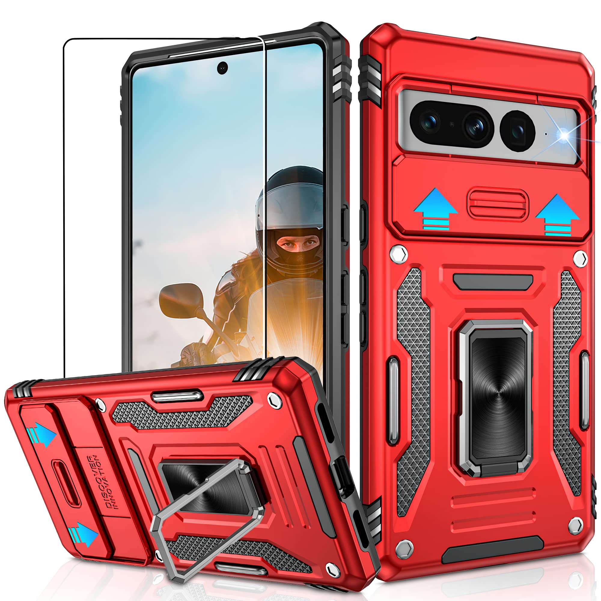 Jshru for Google Pixel 7 Pro Case with [Upgraded] Slide Camera Cover,Military Grade Shockproof Pixel 7 Pro Case with Ring Kickstand, Anti-Scratch Armour Phone Cover for Google Pixel 7 Pro,Red — image 1