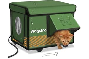WAGSTRO Heated Cat House for Outside, Waterproof Awning & Escape Door Heated Cat Houses for Indoor/Outdoor Cats in Winter, Elevated & Insulated Outdoor Cat Shelter for Feral Cat(Green, 16.5"x12.6"x12.6")