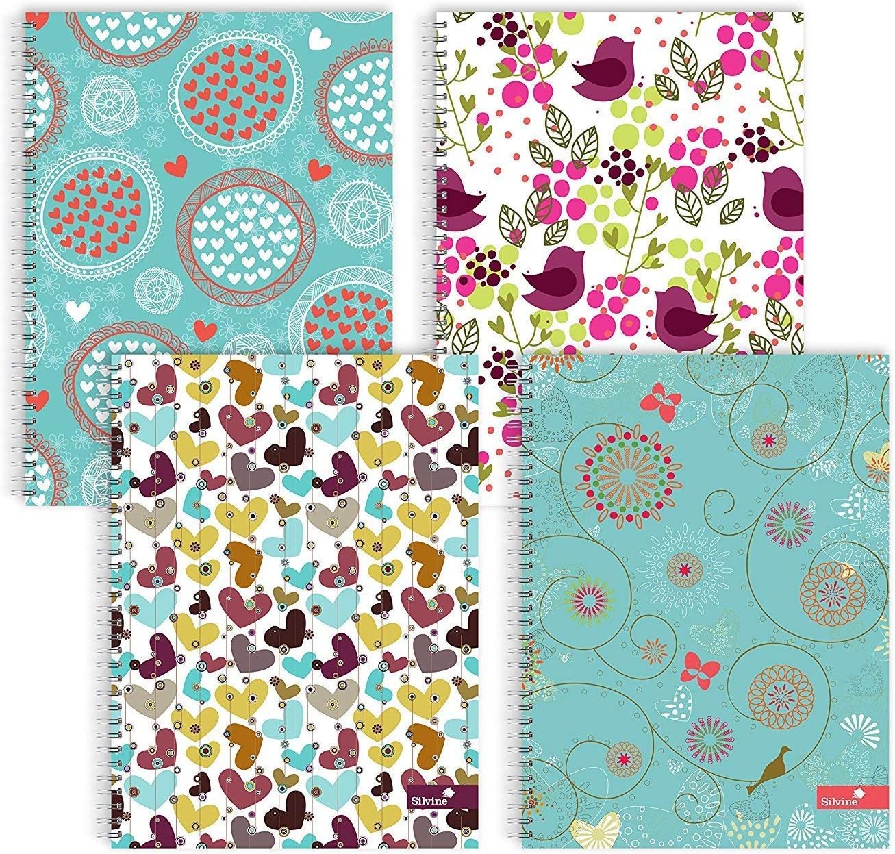 Silvine A4 Twin Wire Notebook Assorted Hearts & Flower Patterns - Pack of 4