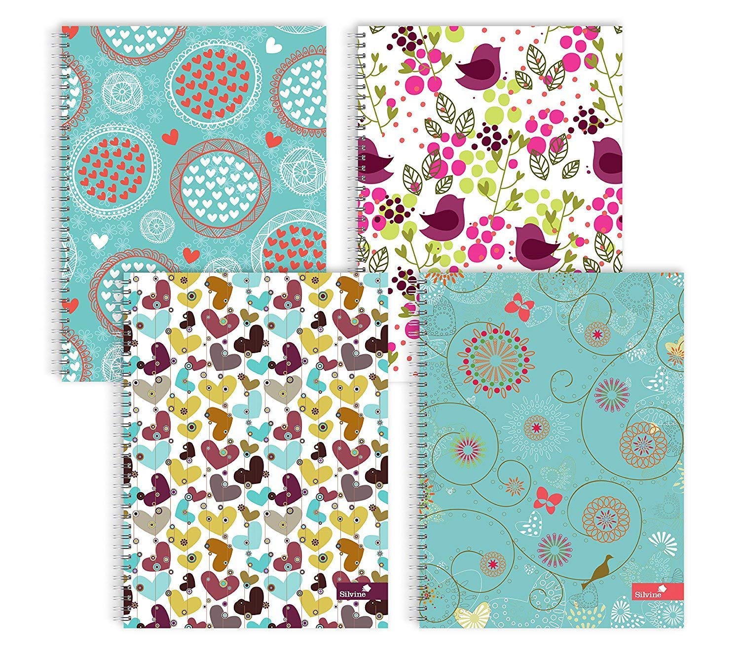 Silvine A4 Twin Wire Notebook Assorted Hearts & Flower Patterns - Pack of 4