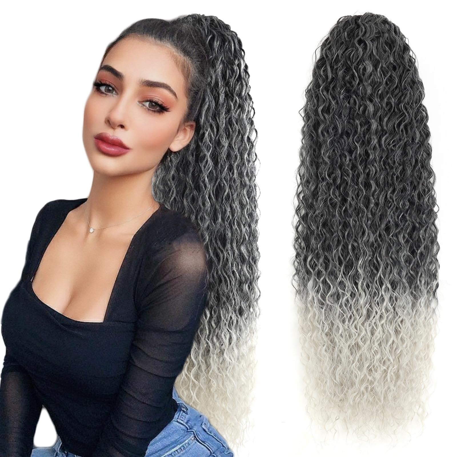 BEAUTY ON LINE Curly Ponytail Extension 30 inch Long Drawstring Ponytail Synthetic Clip in Ponytail Hair Extensions MTgrey Curly Water Wave Clip in Hair Pieces for Women