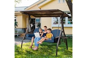 Yalissey 3-Seat Patio Porch Swing with Adjustable Hardtop,3 in 1 Convertible Outdoor Porch Swing for Adults,Patio Swing with Thicken Cushion,Pillows & Cup Holders for Porch,Backyard,Garden (Blue)