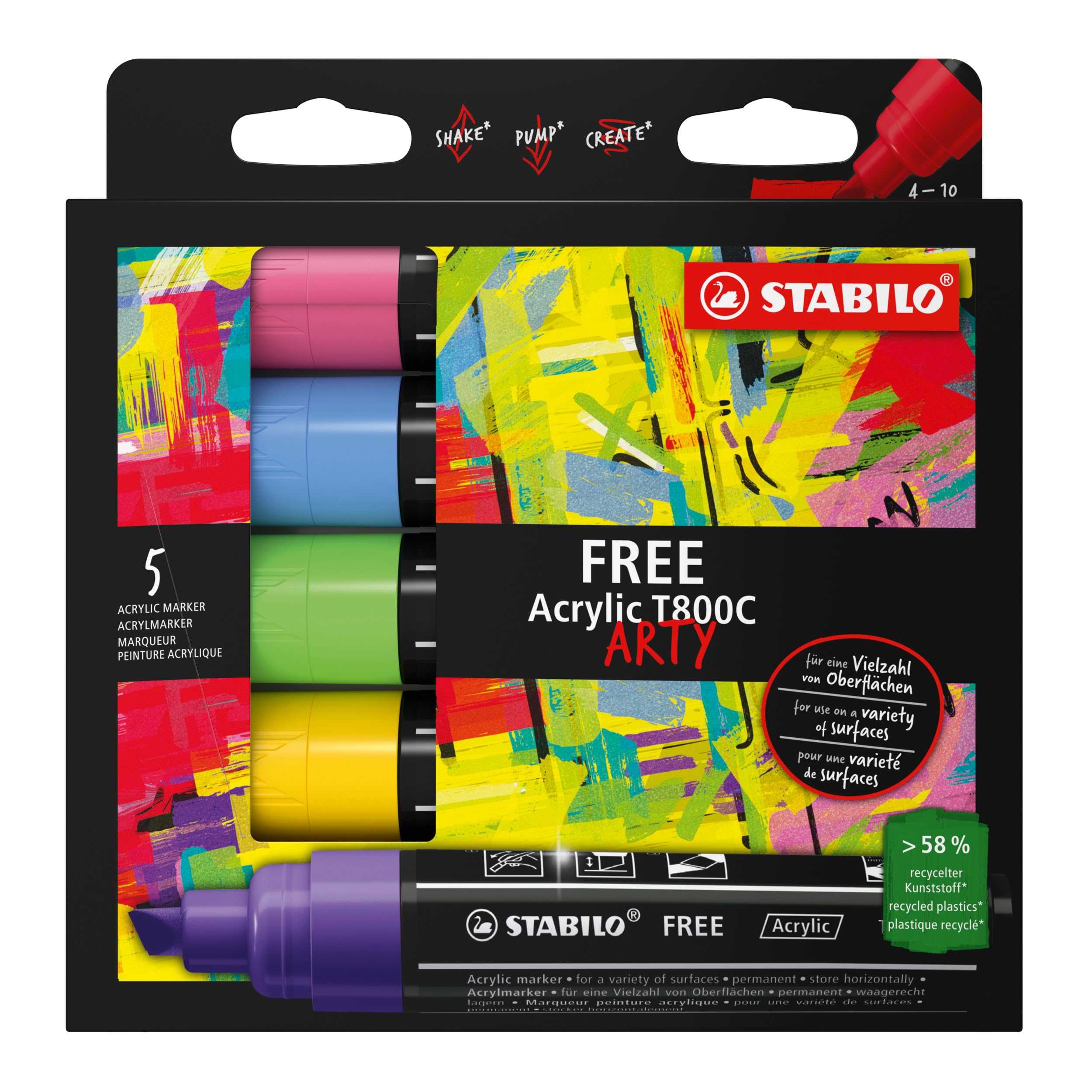 STABILO FREE - Acrylic Marker - ARTY - T800C Chisel Tip 4-10mm - Pack of 5 - SEASIDE - Assorted Colours