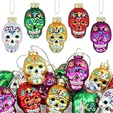 TaoQ C 15 PCS Day of The Dead Glass Skull Ornaments Sugar Hanging Skull Heads Colorful Halloween Hanging Skeleton Head for Halloween Tree Horror Party Craft Supplies Living Room Bedroom Home Decor