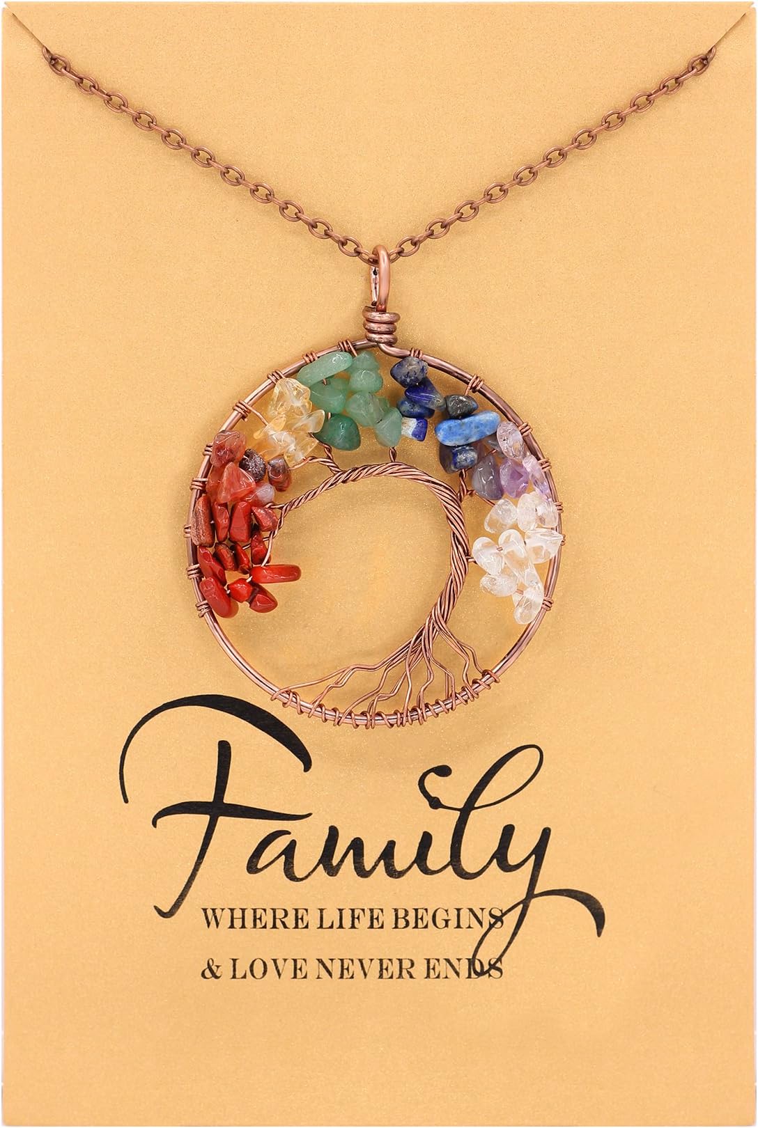 Gudukt Tree of Life Wire Wrap 7 Chakra Gemstone Pendant Necklace on 20" Chain