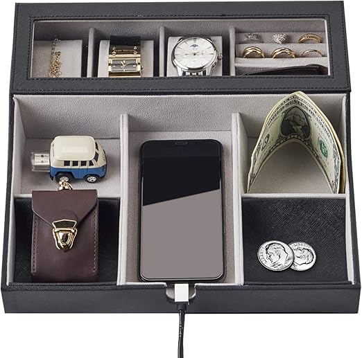 Amazon Com Neatopa Men Leatherette Valet Tray Edc Organizer Nightstand Dresser Top Box With 10 Compartments Charging Station For Jewelry Keys Watch Wallet Black Home Kitchen