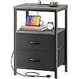 Huuger Nightstand with Charging Station, Side Table with Fabric Drawers, End Table with Open Shelf, Bedside Table with USB Ports and Outlets, Night Stand for Bedroom, Charcoal Gray