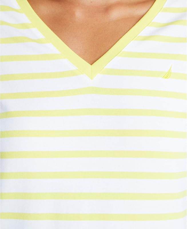 Camiseta de algodón elástico súper Suave a Rayas con Cuello en V Easy Comfort Mujer, Lemon Twist, XS