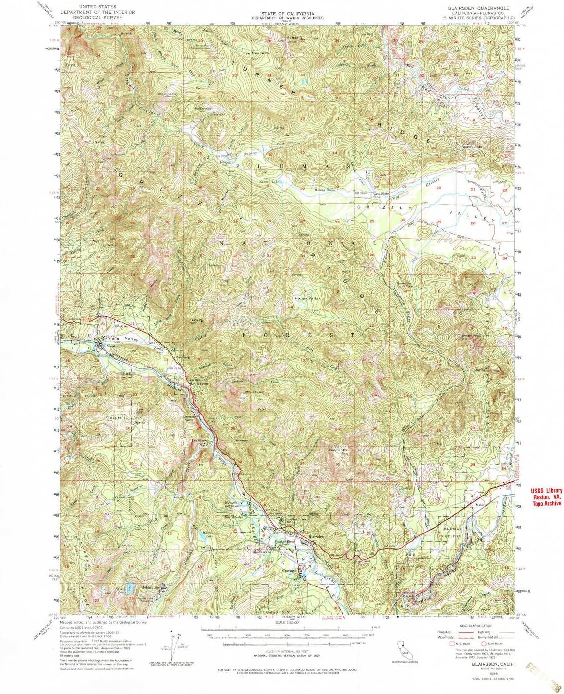YellowMaps Blairsden CA topo map, 1:62500 Scale, 15 X 15 Minute, Historical, 1956, Updated 1980, 21.8 x 17.3 in