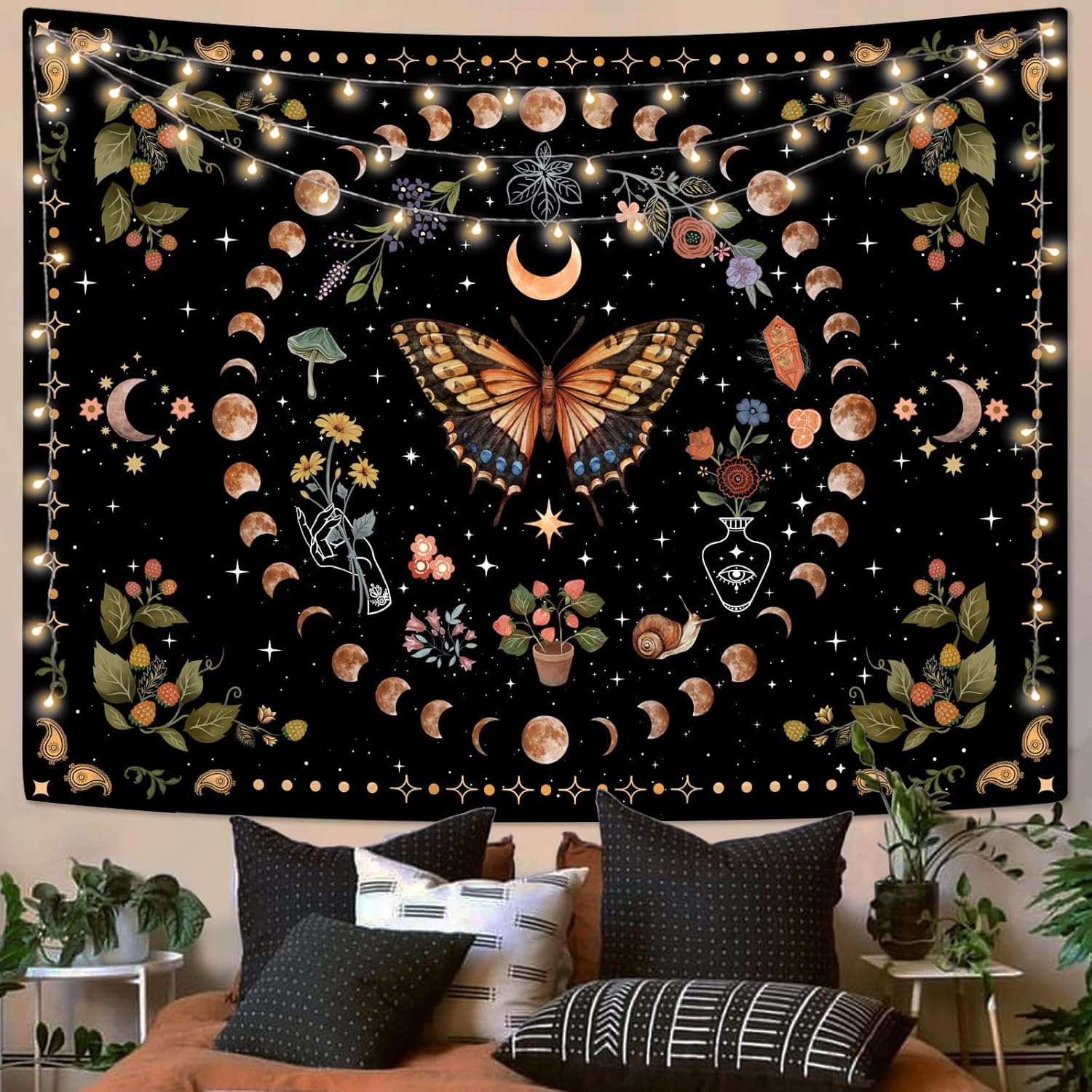 Tapestries - Aipon Yellow Butterfly Moon Flower Tapestry Botanical Floral Plant Boho Tapestry for Bedroom Aesthetic Vintage Tapestries Wall Hanging for Living Room Dorm (36.00'' × 48.00'', Yellow)