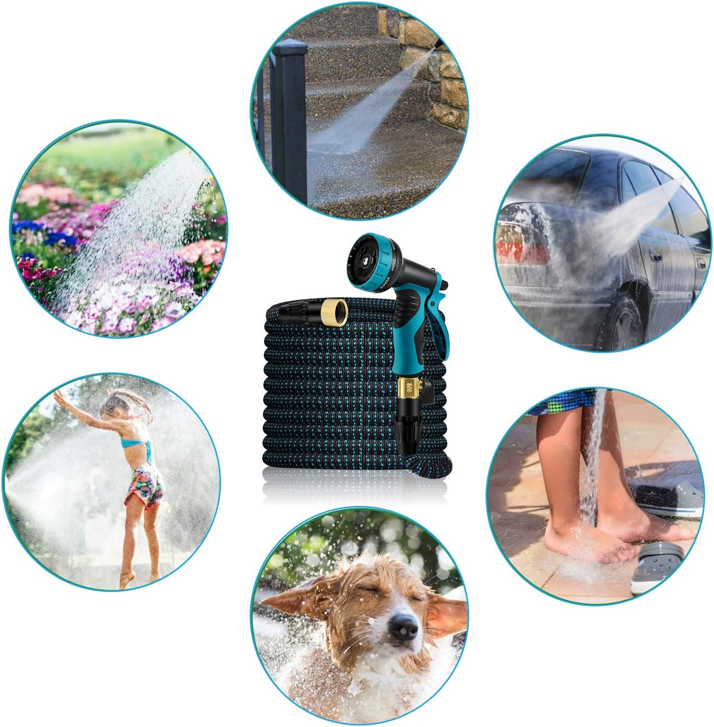 50 FT Expandable Garden Hose, Upgraded Leakproof Flexible Water Hose，With 9 Function High-Pressure Spray Nozzle and 4-Layers Flex Strong Latex, With 3/4" Hose Splitter for Watering and Washing: Home Improvement