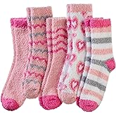 WEVIAS Womens Fuzzy Socks Fluffy Cozy Heart Comfy Winter Thick Warm Pink Plush Fleece Sleep Slipper Socks 5 Pairs